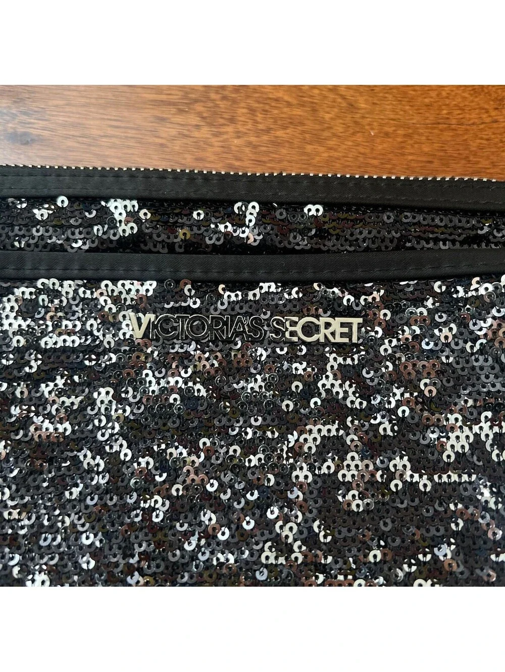 Victoria's Secret Black Silver Sequin Zipper Pouch Clutch Bag VS Logo Charm
